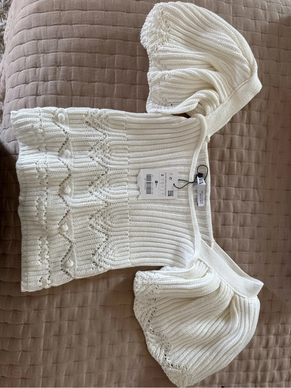 Zara White Off-Shoulder Puff-Sleeve Knit Top